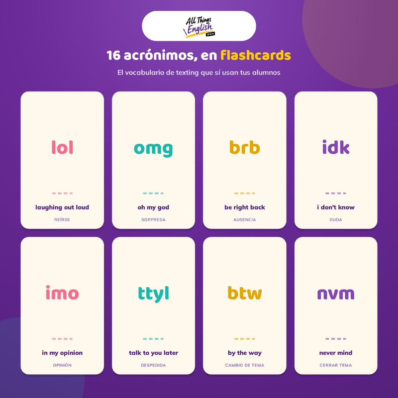 Acrónimos de Texto en Inglés (lol, omg, brb...) | Ficha + Flashcards