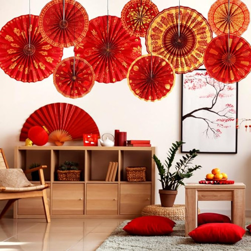9 Abanicos de Papel Rojos Colgantes– Decoración para Lunar New Year