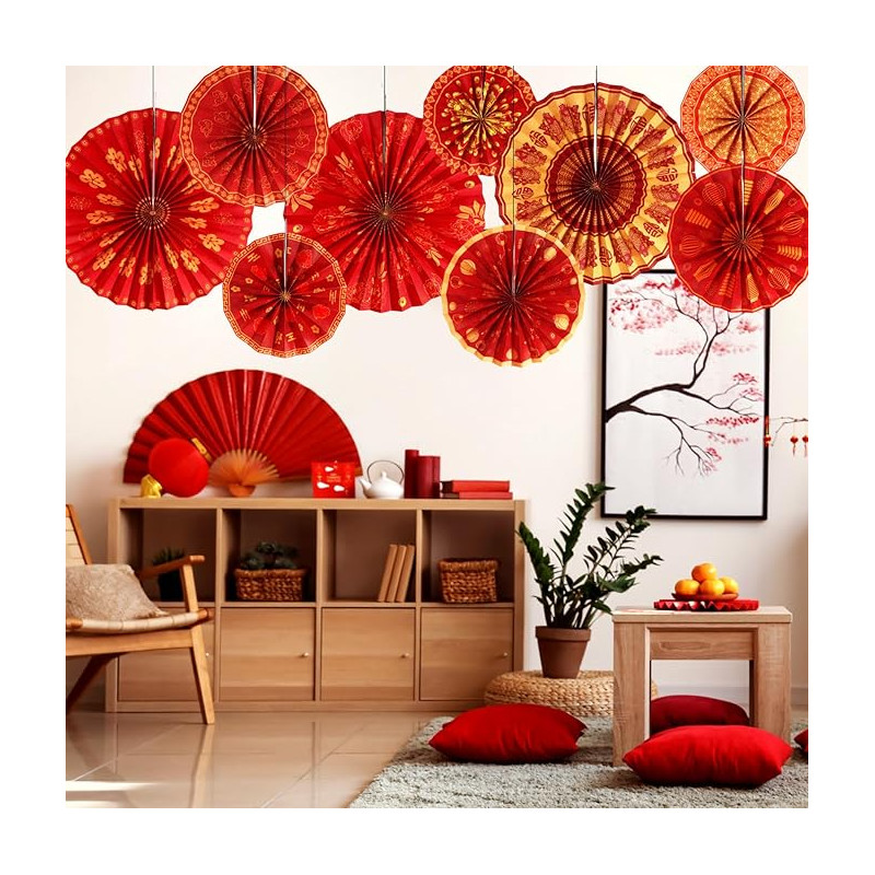 9 Abanicos de Papel Rojos Colgantes– Decoración para Lunar New Year