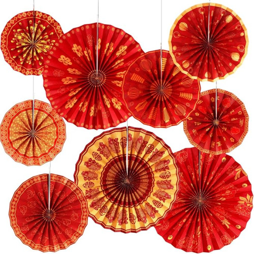 9 Abanicos de Papel Rojos Colgantes– Decoración para Lunar New Year