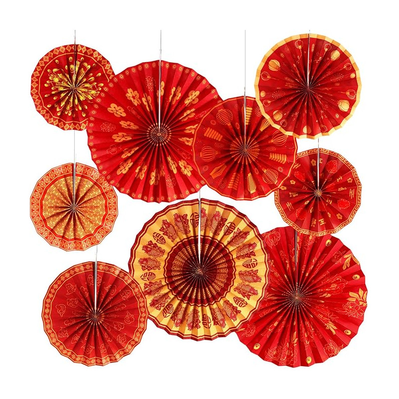 9 Abanicos de Papel Rojos Colgantes– Decoración para Lunar New Year