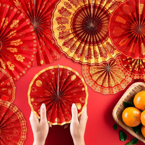 9 Abanicos de Papel Rojos Colgantes– Decoración para Lunar New Year